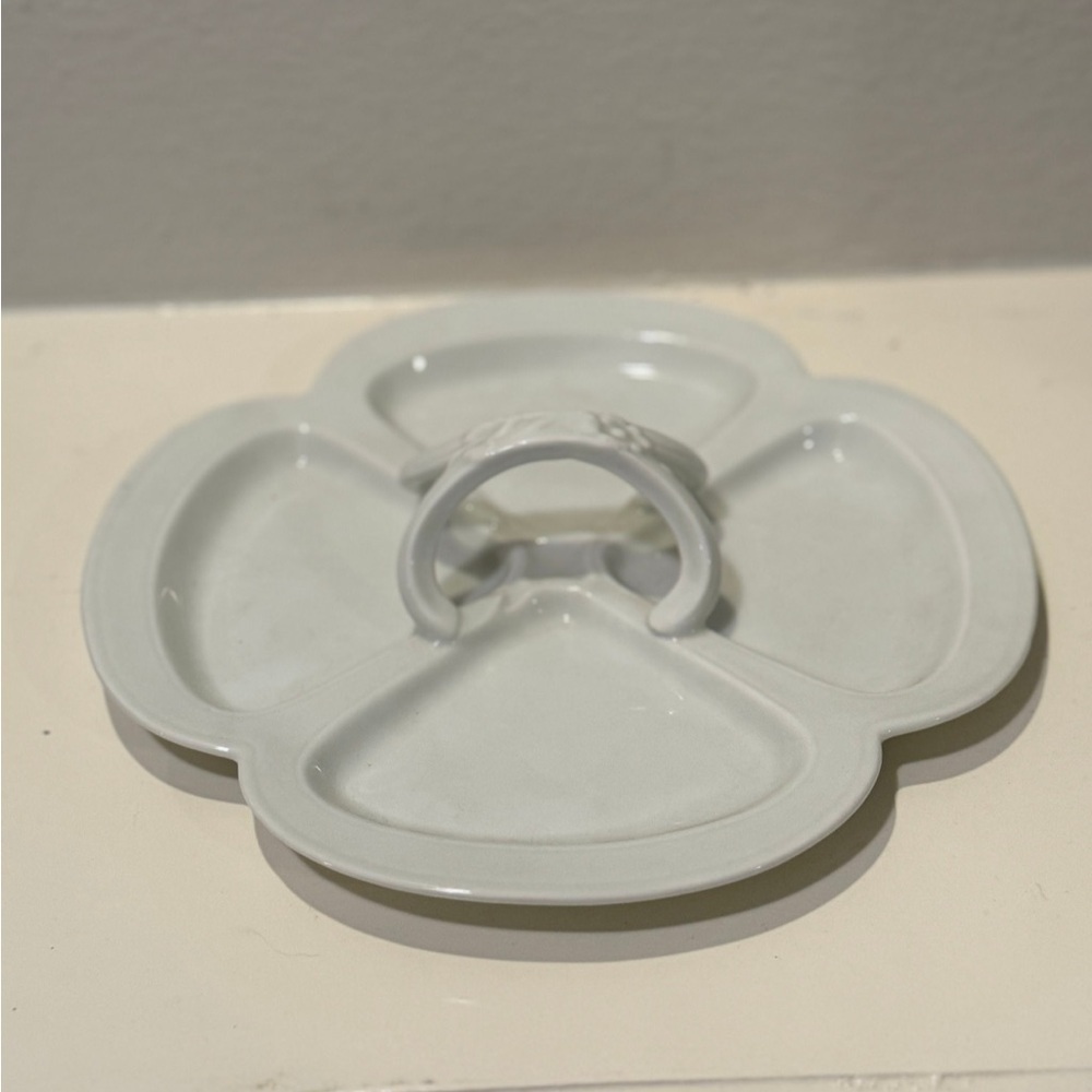 Vintage Limoges France White Porcelain Sectioned Tray w/ Floral Detailed Handle